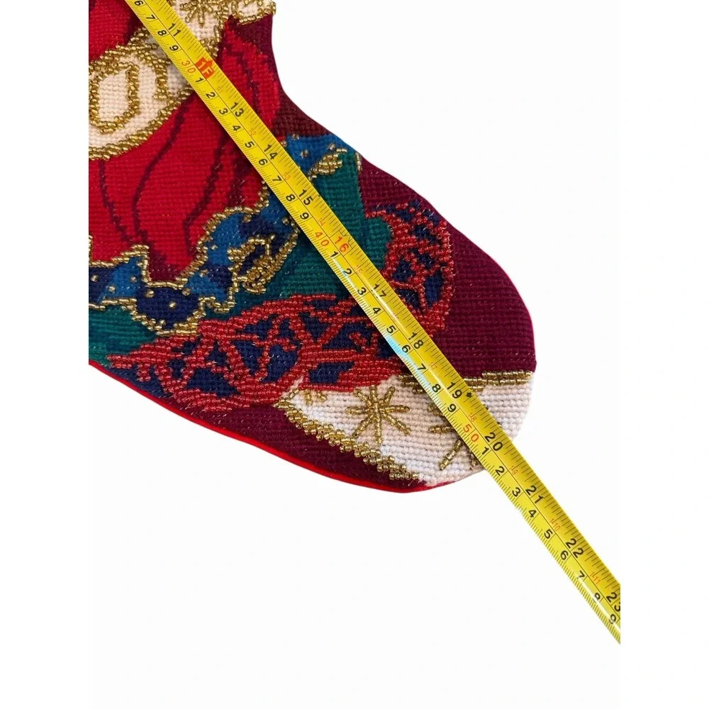 Vtg Needlepoint Christmas Stocking Angel Beaded‎ Victorian Joy Red Velveteen